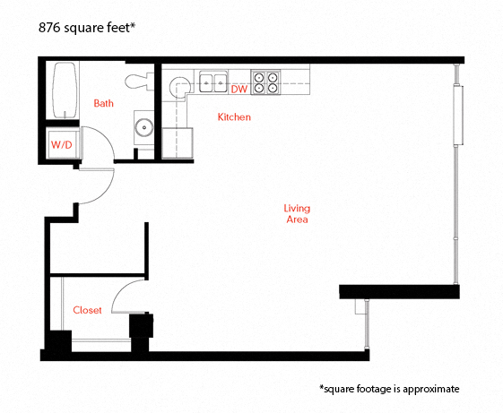Floor plan for studio, 1 bath, 867 sqft
